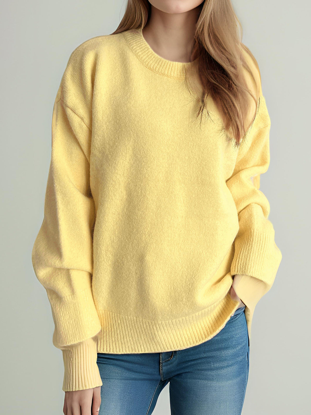 Damen Oversized Strickpullover Weicher Baumwollmix Lässig Beige