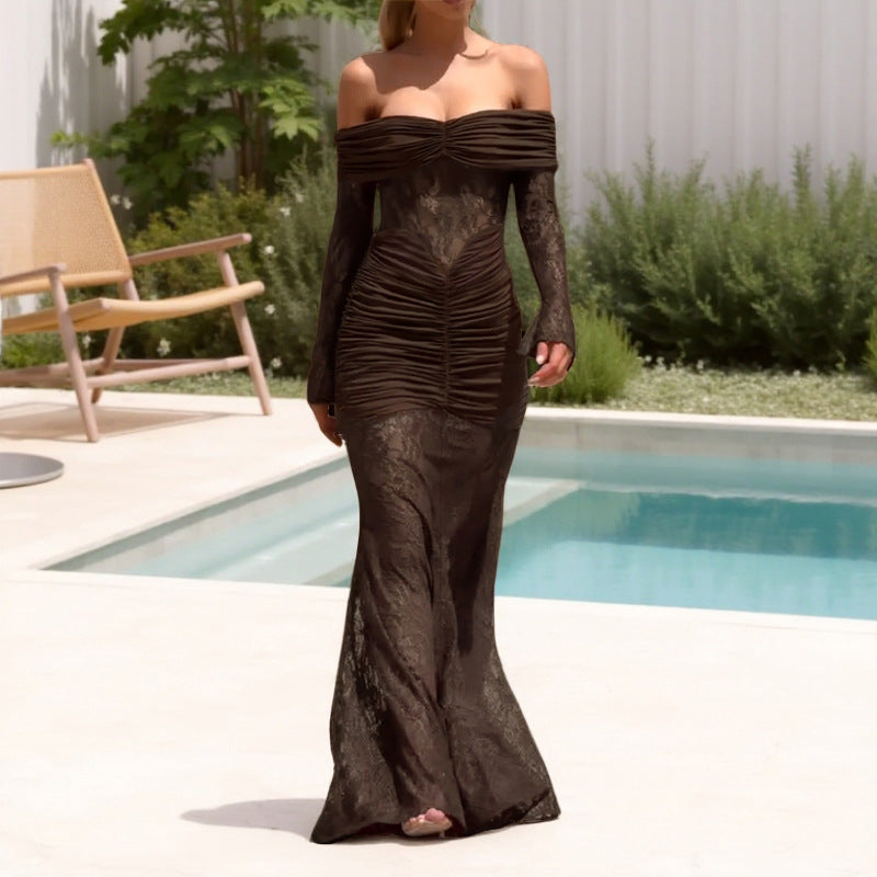 Damen Maxikleid mit Spitze und Taillenschnitt
