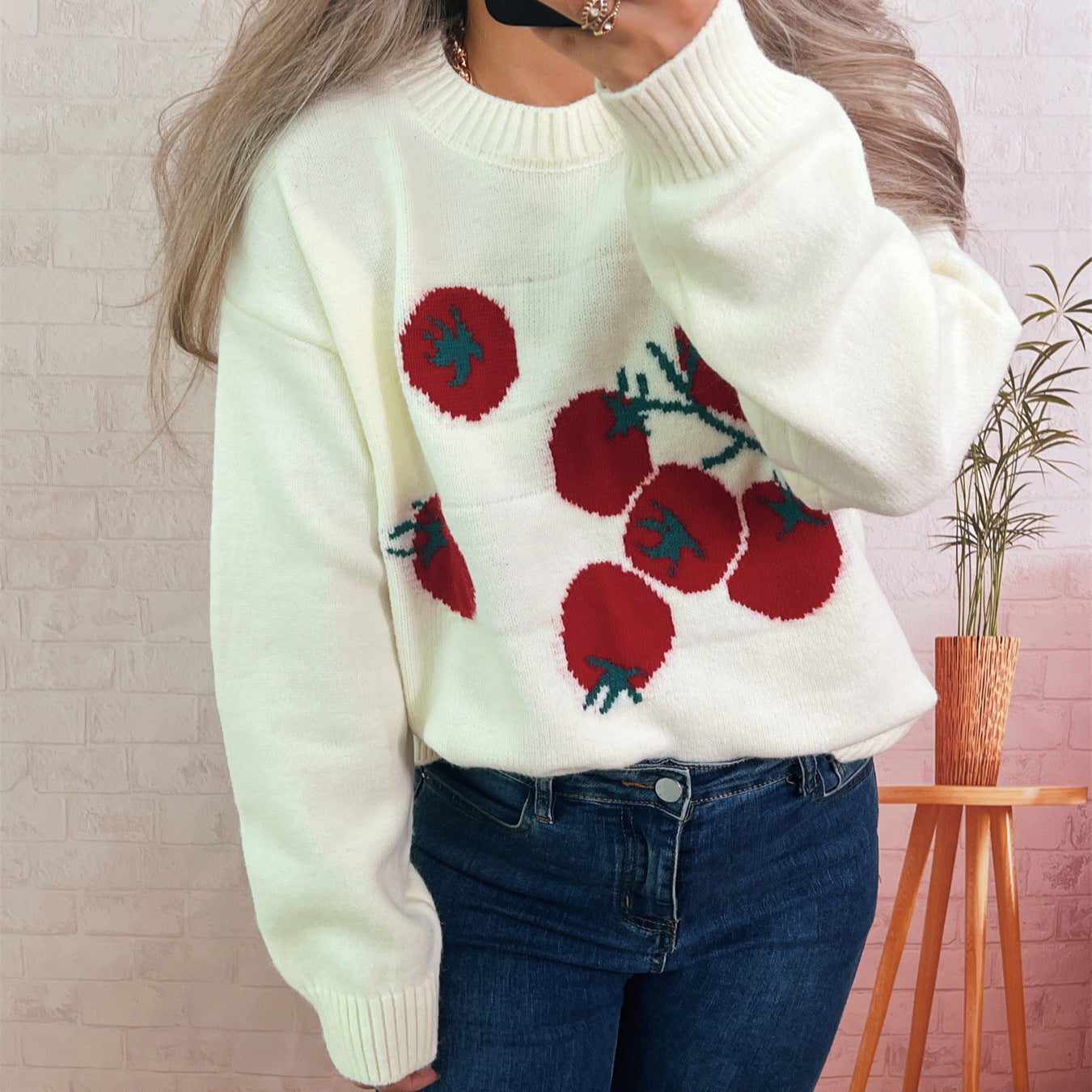 Damen Strickpullover Tomatenmuster Lässig - Eveloria