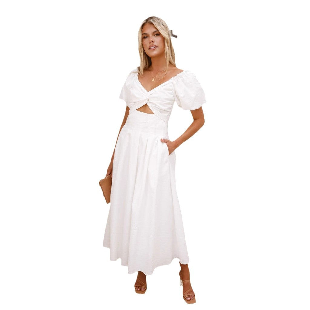 Damen Midikleid Puffärmel Verspielter Knoten Detail