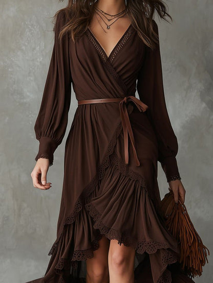 Damen Wickelkleid Spitzendetails Fließender Saum Eveloria