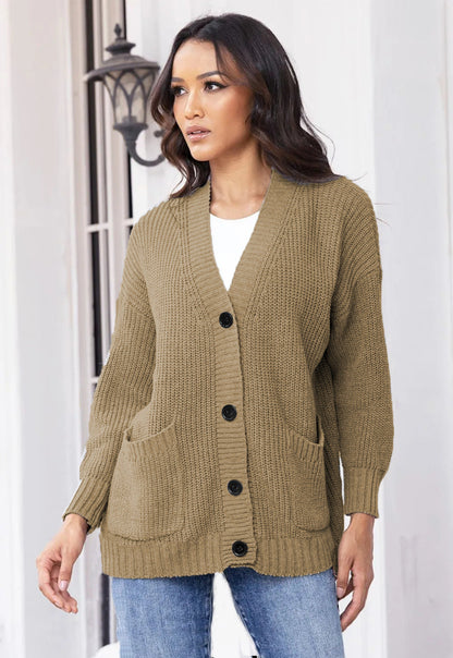 Damen Cardigan Grobstrick mit großen Taschen V-Ausschnitt Beige