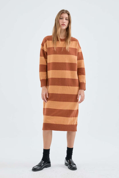 Damen Strickkleid Blockstreifenmuster Lässiger Schnitt