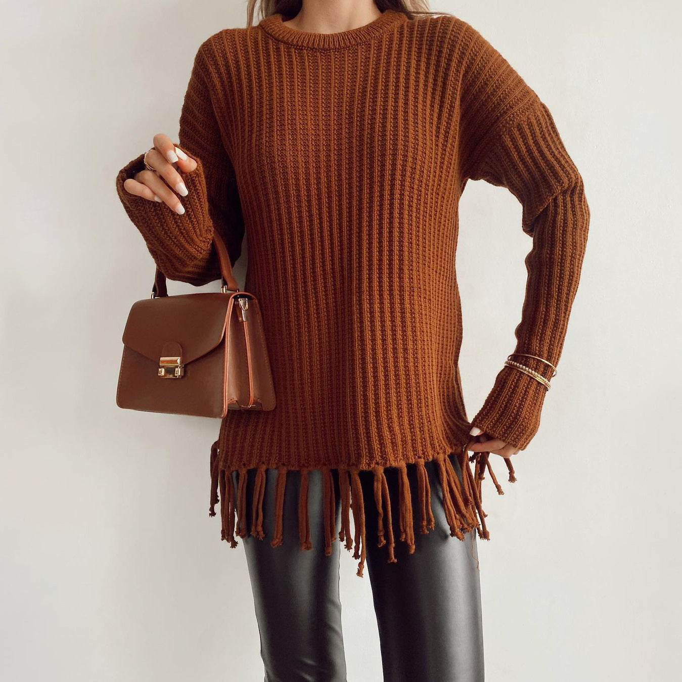 Damen Strickpullover mit Fransen Gemütlich Eveloria