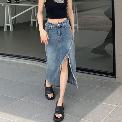 Damen Denim Midi-Rock Asymmetrischer Saum Blau