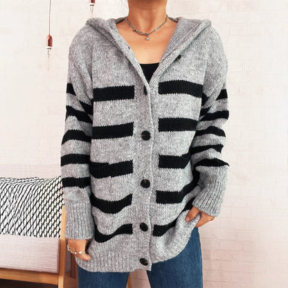 Damen Strickcardigan mit Kapuze und Streifen - Eveloria