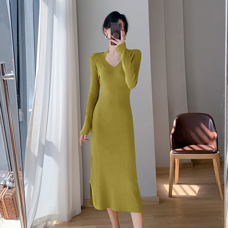 Damen Strickkleid V-Ausschnitt Seitenschlitze Eveloria