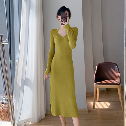 Damen Strickkleid V-Ausschnitt Seitenschlitze Eveloria
