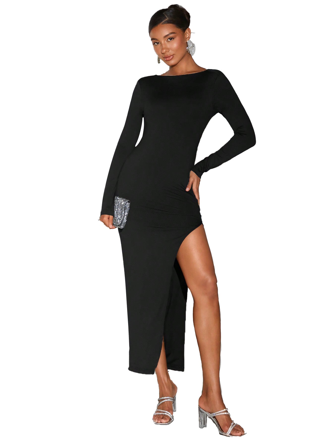 Damen Abendkleid mit Glitzer-Seiteneinsatz und hohem Schlitz