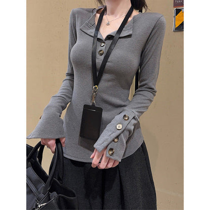 Damen Langarmshirt Modisch Knöpfe Eveloria