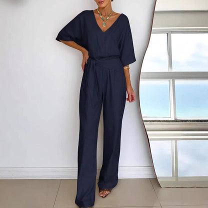 Damen Jumpsuit Tailliert Wickelgürtel Eveloria