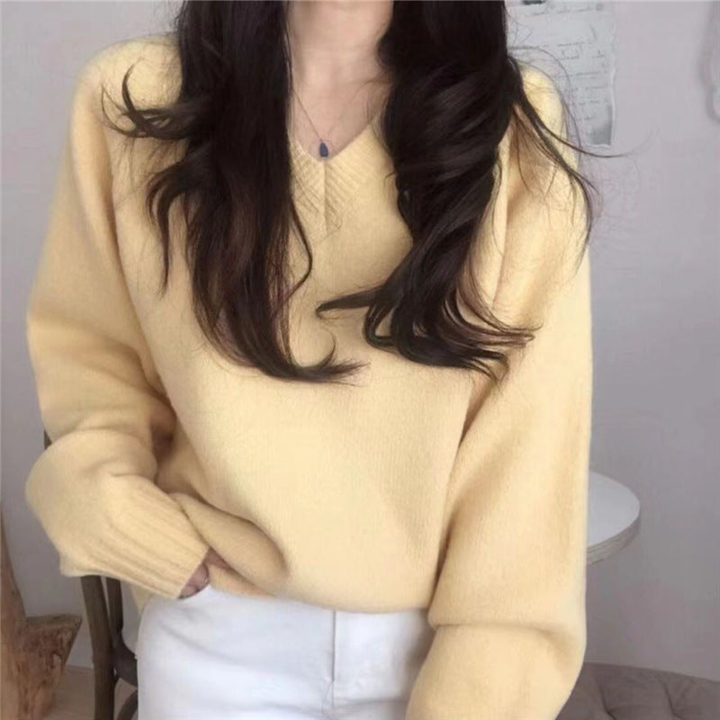 Damen Pullover Grobgestrickt V-Ausschnitt Oversized Ärmel Beige