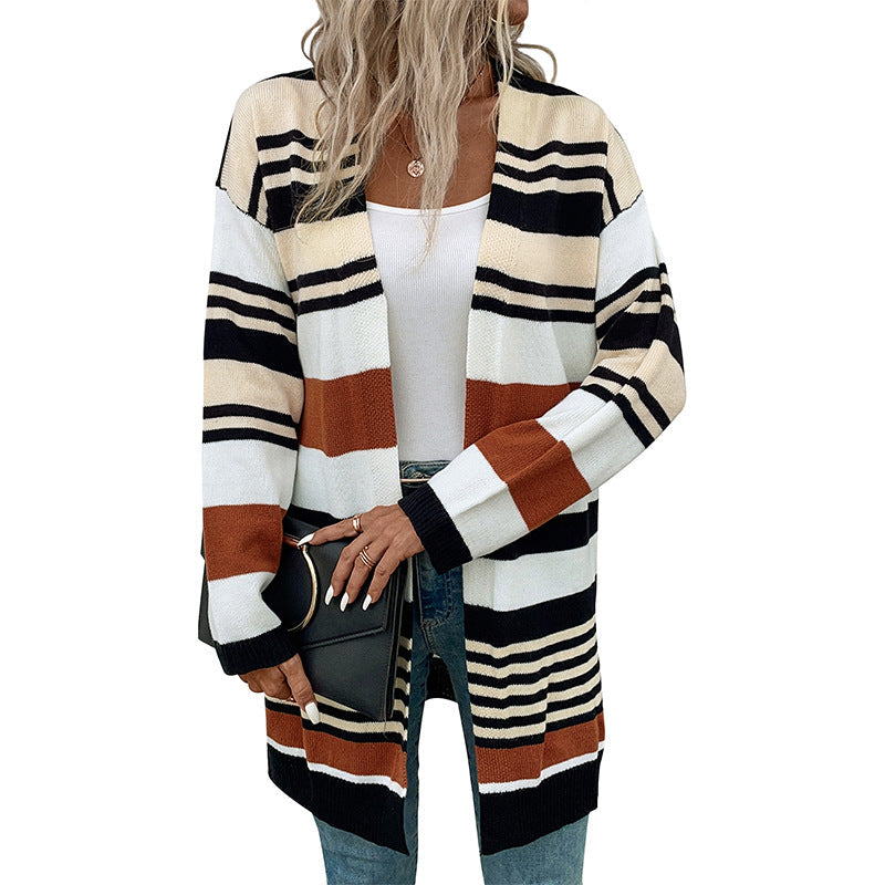 Damen Strickcardigan Weite Ärmel Streifen Muster Eveloria
