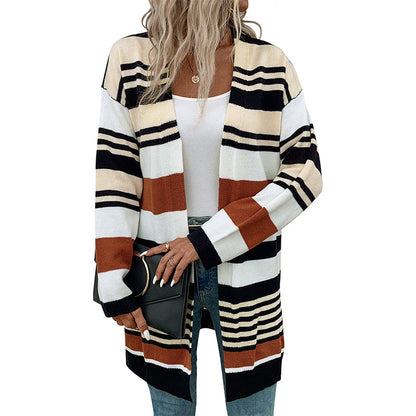 Damen Strickcardigan Weite Ärmel Streifen Muster Eveloria