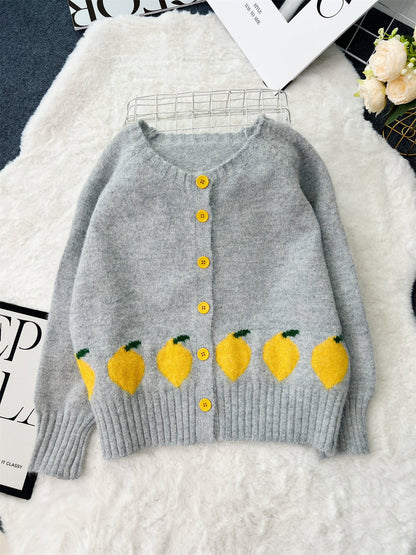 Damen Strickjacke Zitronen-Motiv Bunt Knöpfe Eveloria