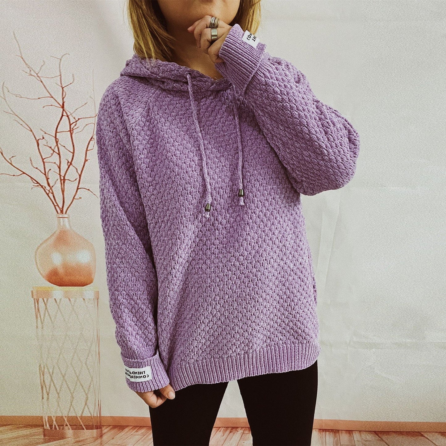 Damen Hoodie Strukturiertes Gewebe Mit Kordelzug Beige