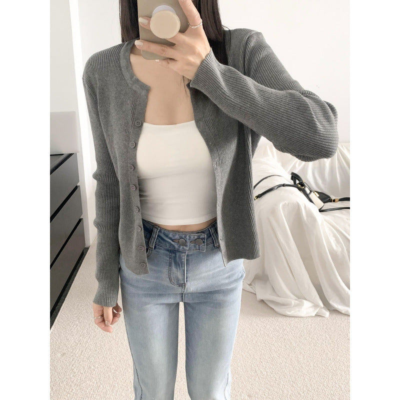 Damen Rippstrickcardigan Langärmlig Knopfverschluss Beige