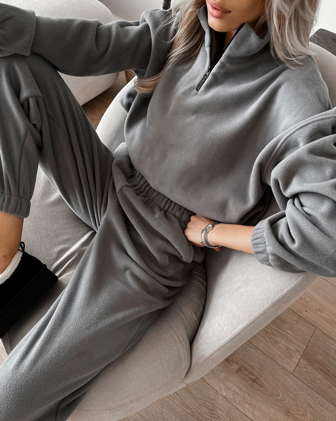 Damen Fleece Trainingsanzug Elastisch Halbzippverschluss