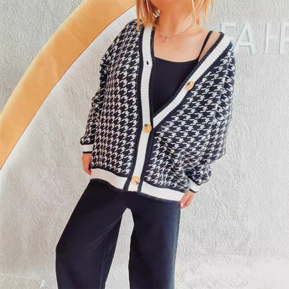 Damen Strickjacke Hahnentrittmuster Dekorative Knöpfe Eveloria - Eveloria