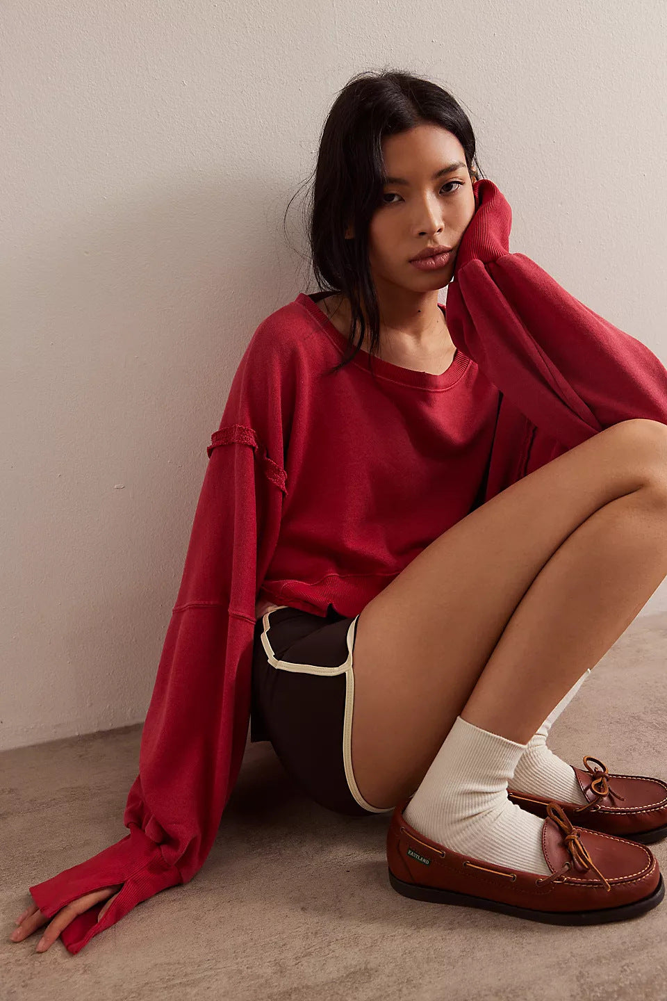 Damen Cropped Sweatpullover Weite Ärmel Grau Eveloria