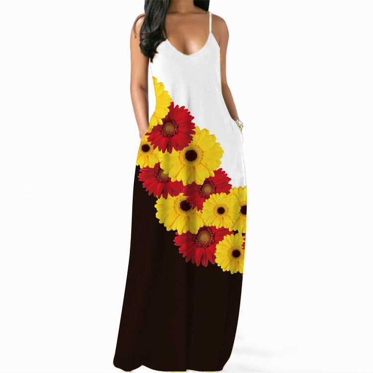 Damen Maxikleid Floralmuster Raffinierte Eingrifftaschen Eveloria