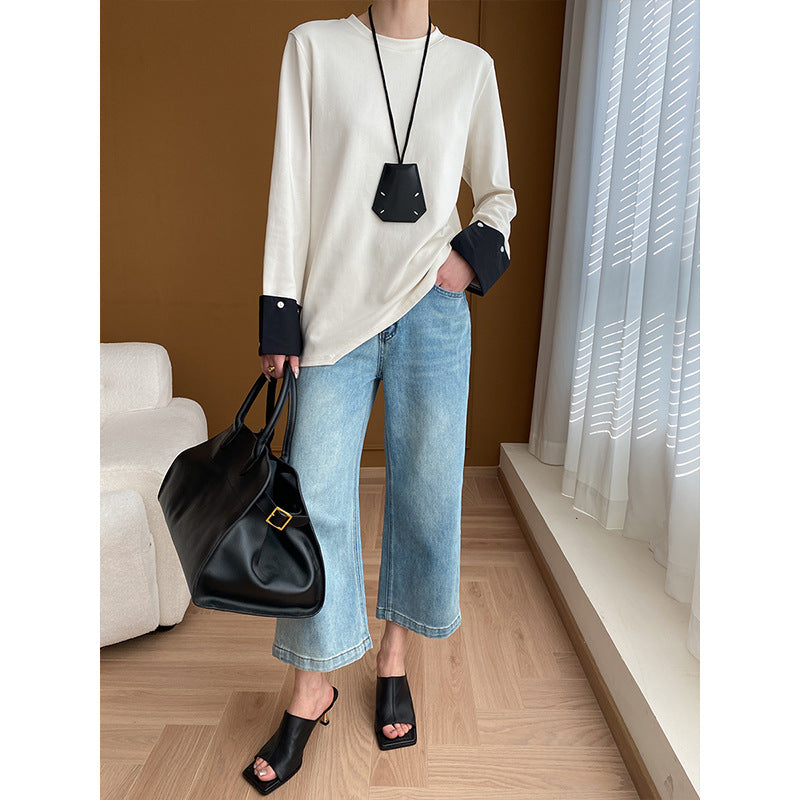 Damen Langarmshirt Lässig Kontrastmanschetten Eveloria
