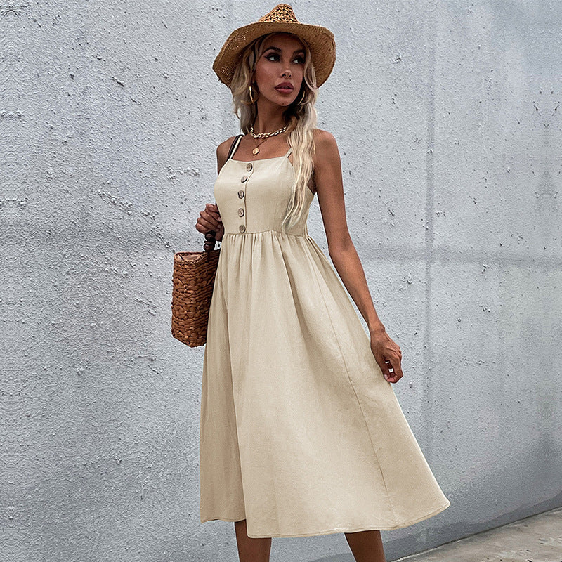 Damen Midi-Kleid mit Knopfleiste und verstellbaren Trägern Eveloria