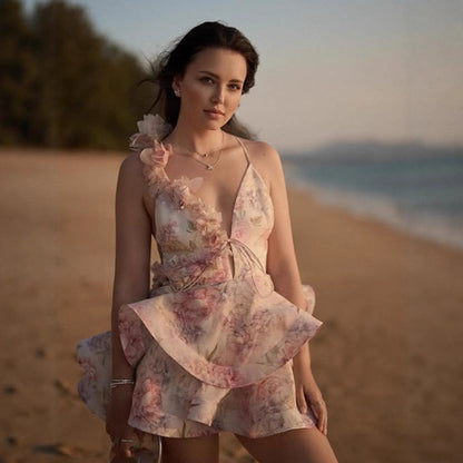 Damen Rüschenkleid Floralmuster V-Ausschnitt Eveloria