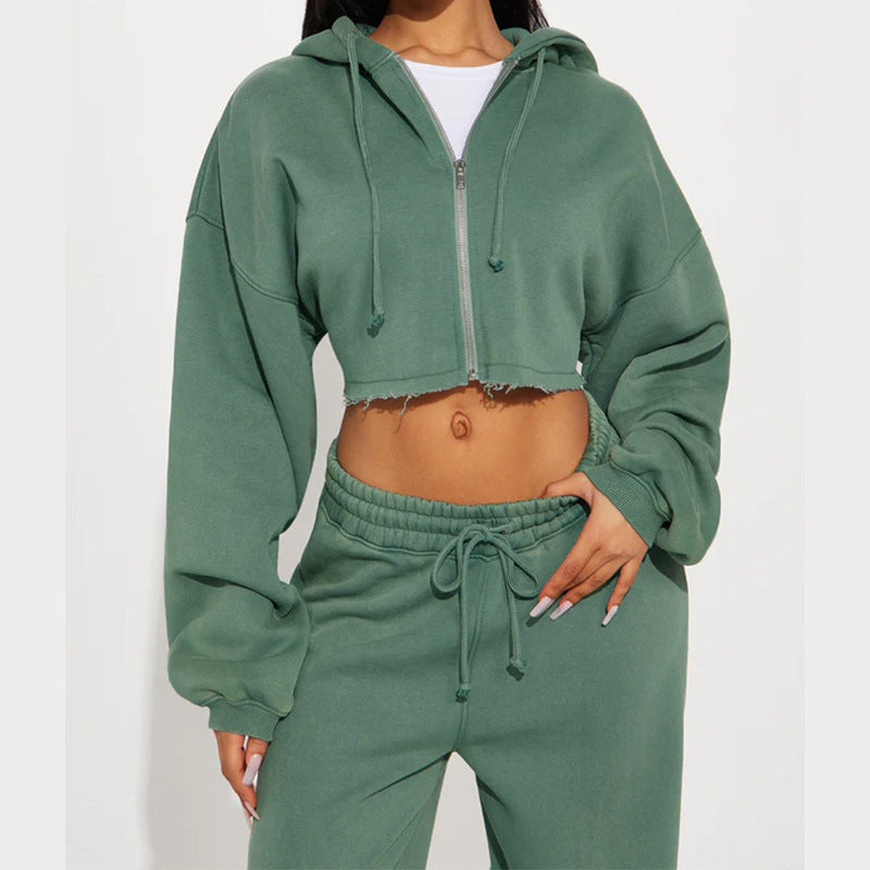 Damen Fleece-Jogginganzug Cropped Hochtailliert Weite Passform