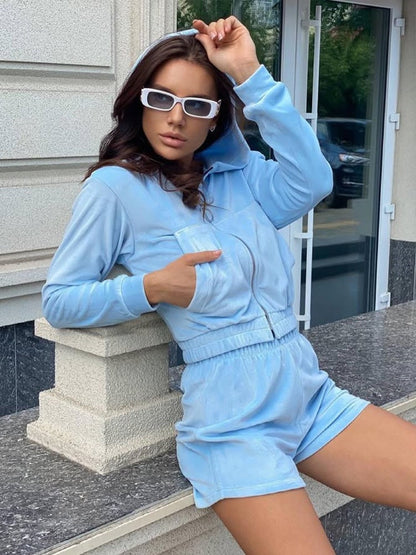 Damen Cropped Hoodie Set Kurze Hose Baumwolle Grau