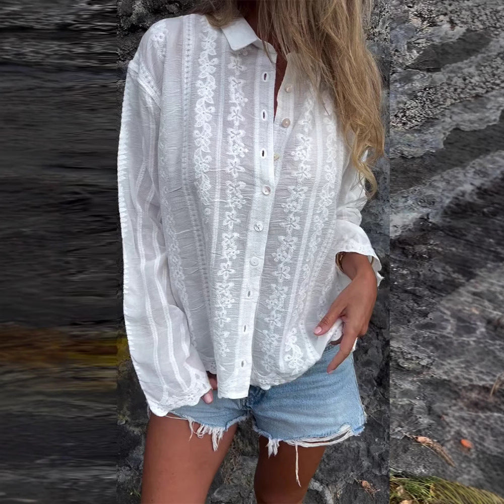 Damen Bluse Florale Stickerei Strukturiert Eveloria - Eveloria