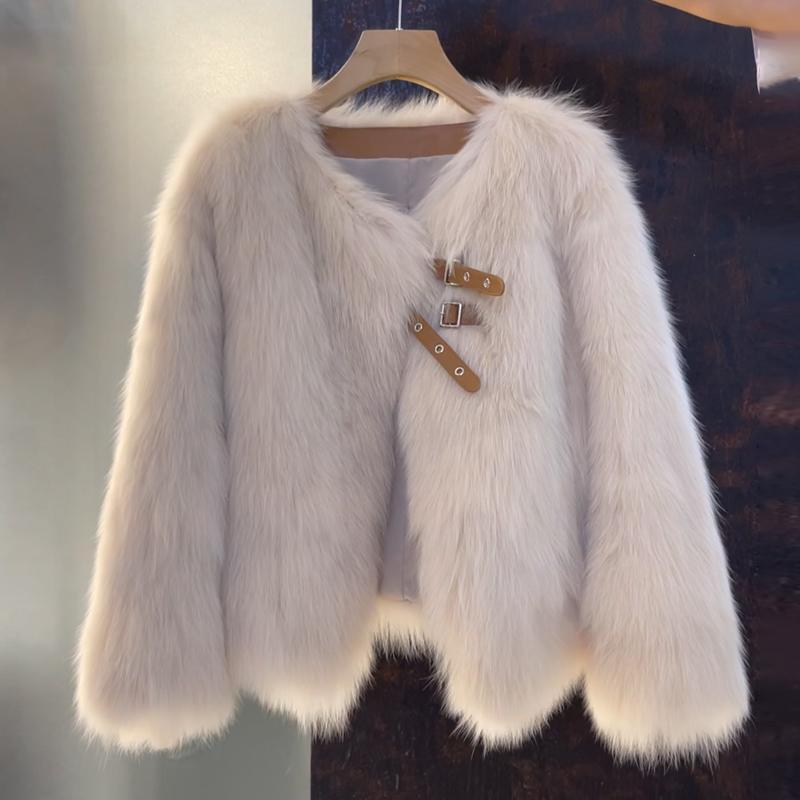Damen Kunstfelljacke Elegant Schnitt Dekorative Schnallen