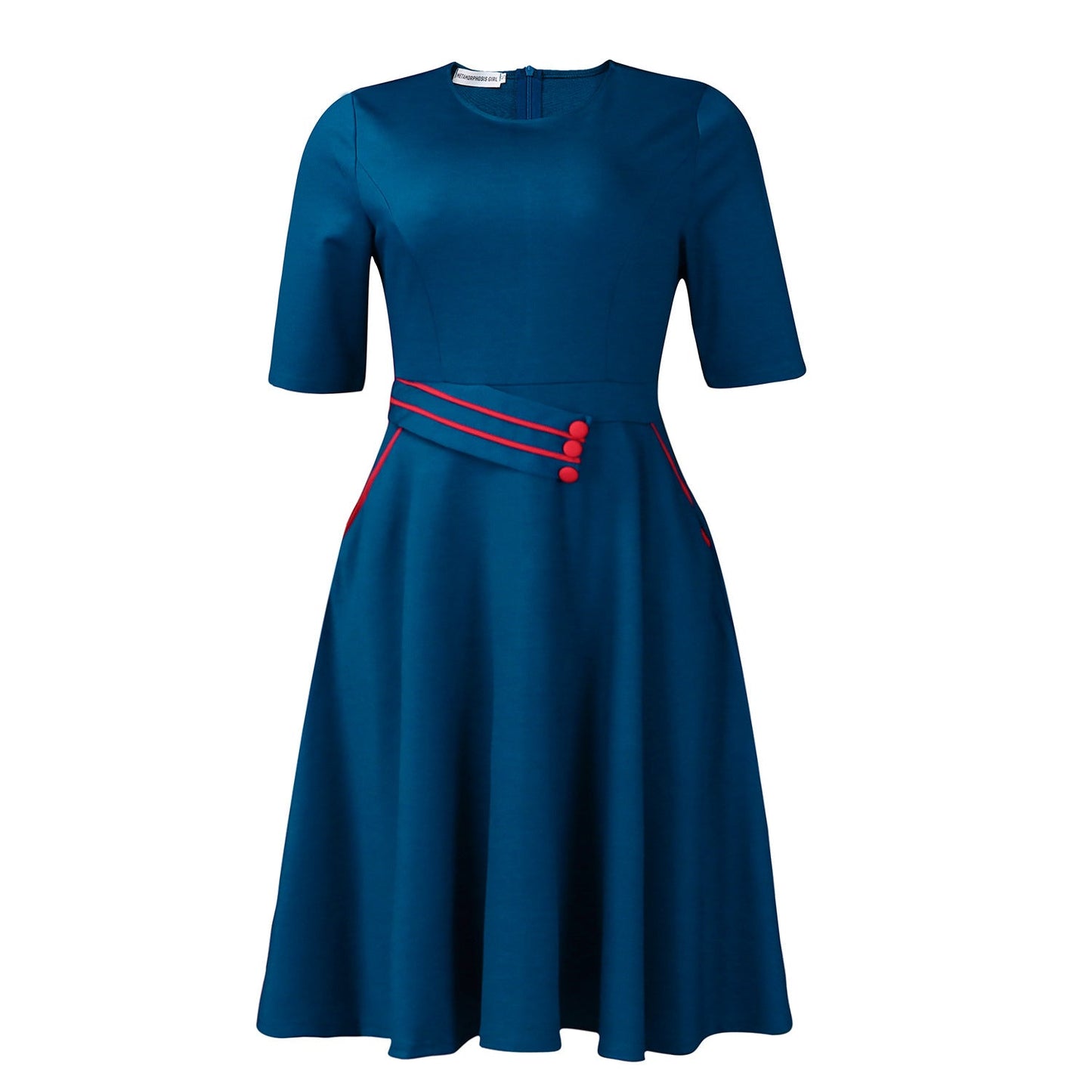 Damen A-Linien Kleid Gürtel Knopf Details Eveloria