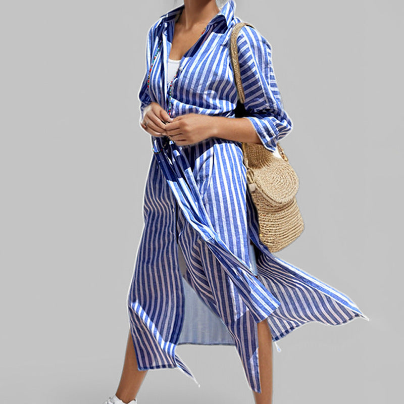 Damen Hemdblusenkleid mit Seitenschlitz Streifen Muster Eveloria