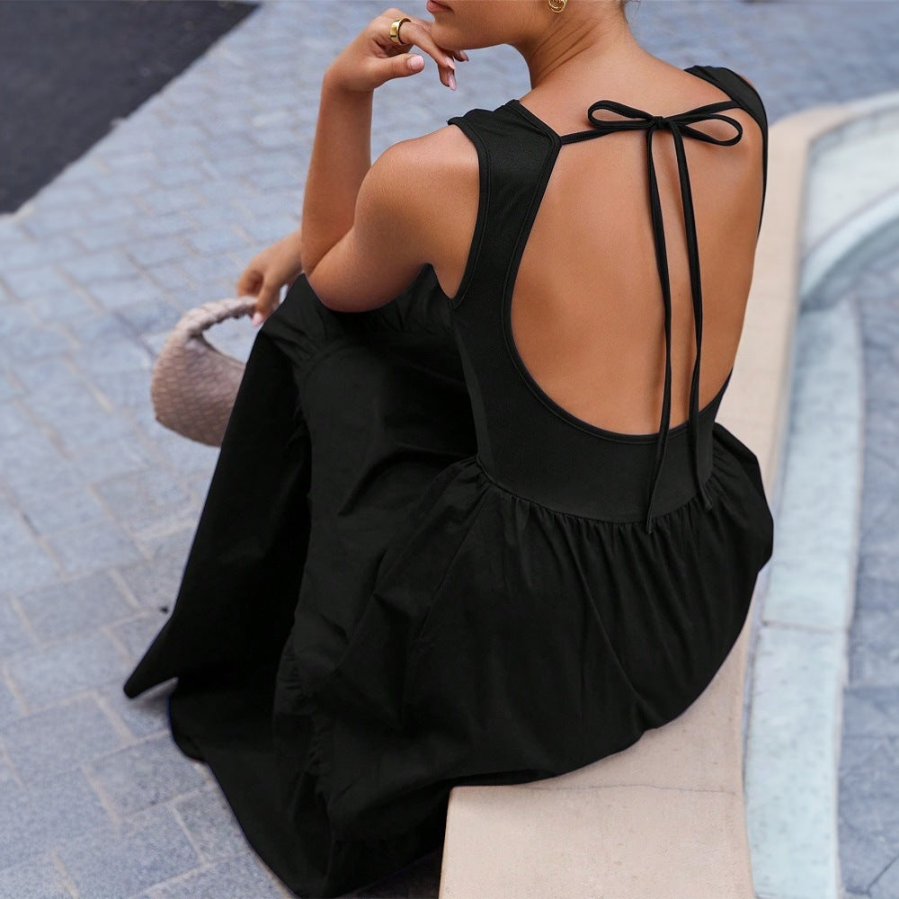 Damen Maxikleid Ärmellos Stufenrock Retro