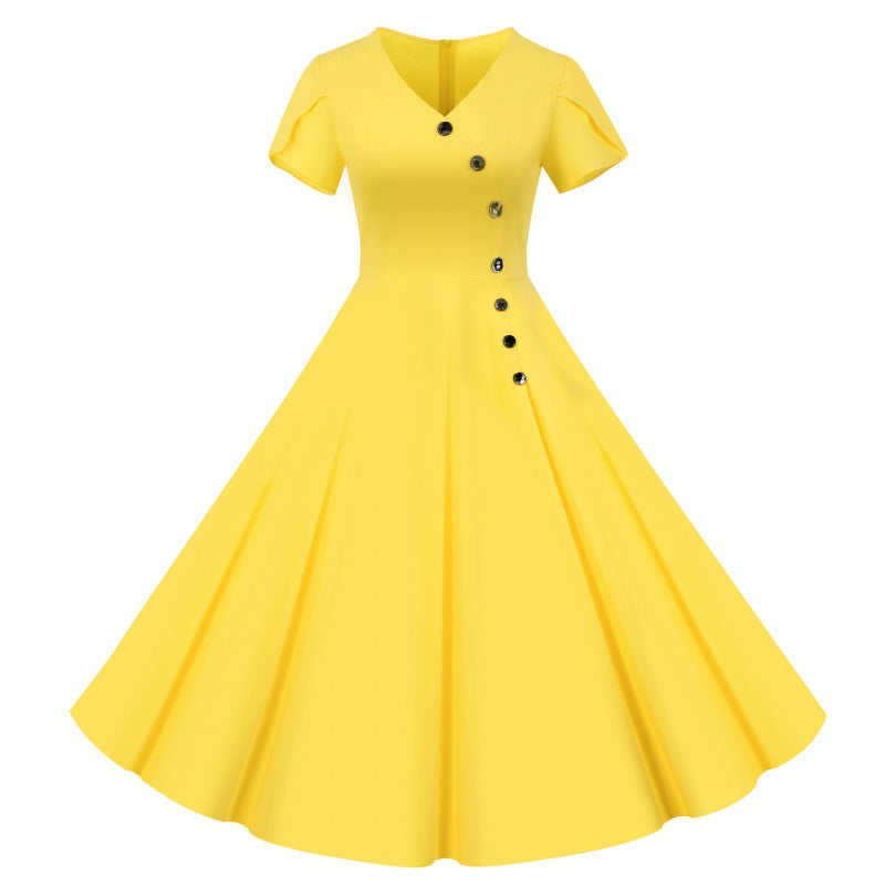 Damen Swingkleid V-Ausschnitt Knöpfe Weit Rock Eveloria - Eveloria