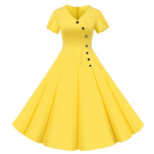 Damen Swingkleid V-Ausschnitt Knöpfe Weit Rock Eveloria - Eveloria