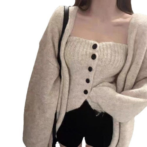 Damen Cardigan Offene Front Knopfverschluss Beige