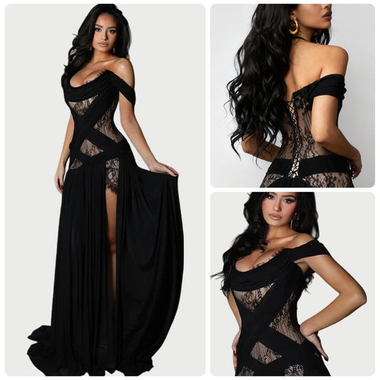 Damen Abendkleid Spitze Einsätze Verführerischer Schnitt Schwarz - Eveloria