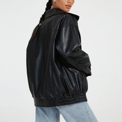 Damen Lederjacke Lässig Großer Kragen Eveloria