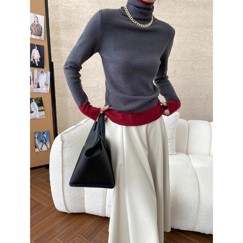 Damen Rollkragenpullover Kontrastärmel Eveloria