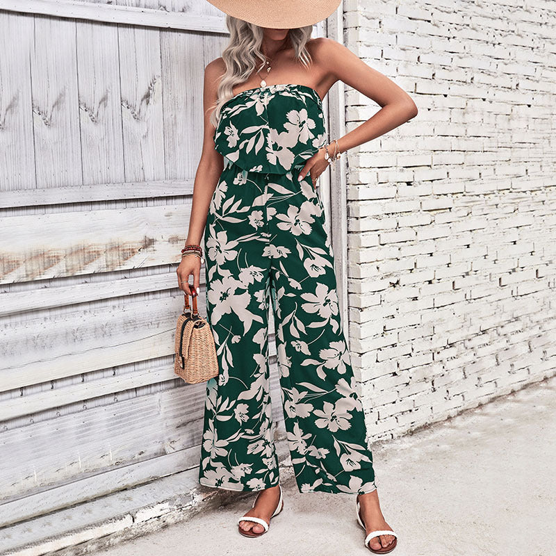 Damen Jumpsuit Florale Rüschen Atmungsaktives Material Weiß