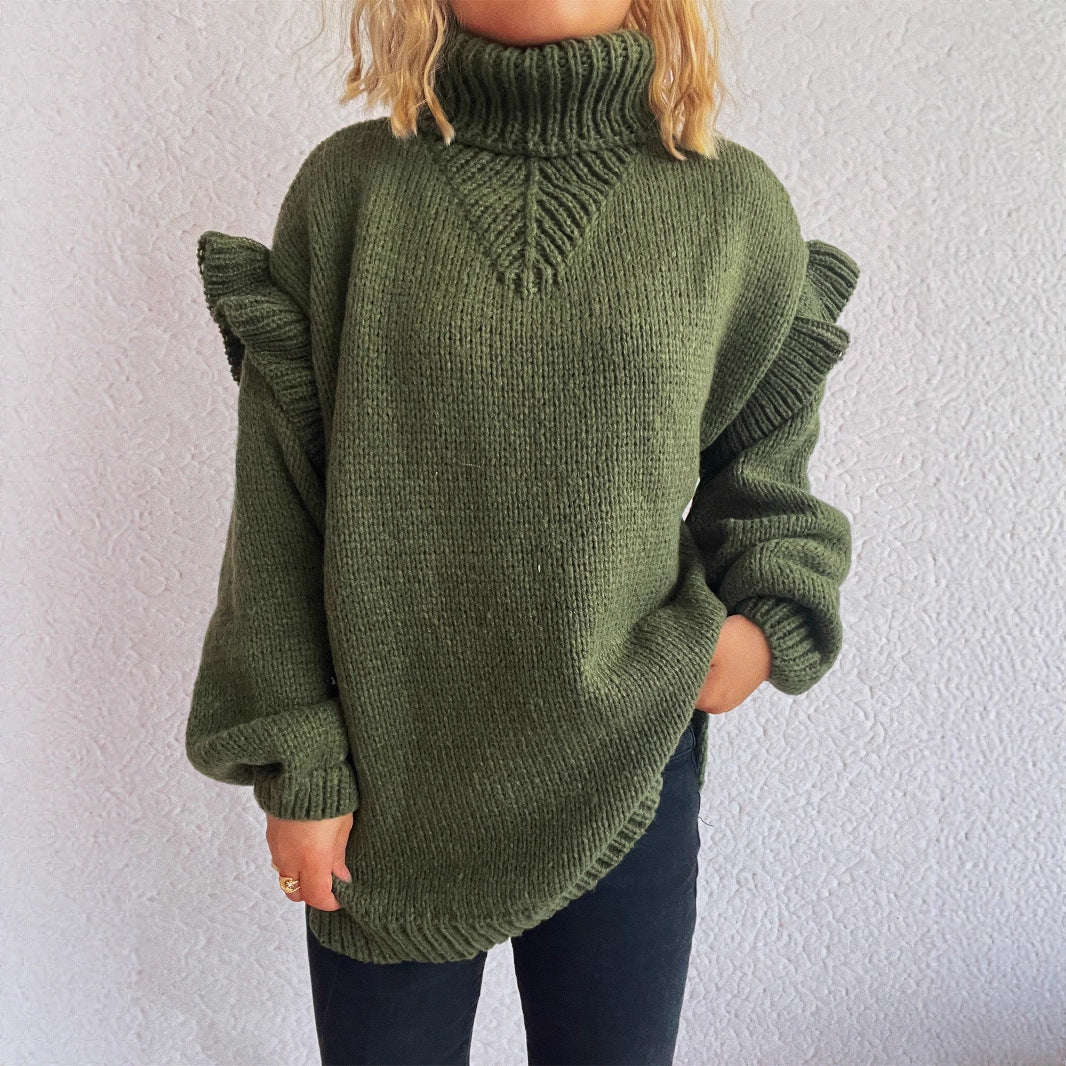 Damen Strickpullover Hohler Kragen Rüschen-Details Eveloria