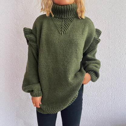 Damen Strickpullover Hohler Kragen Rüschen-Details Eveloria