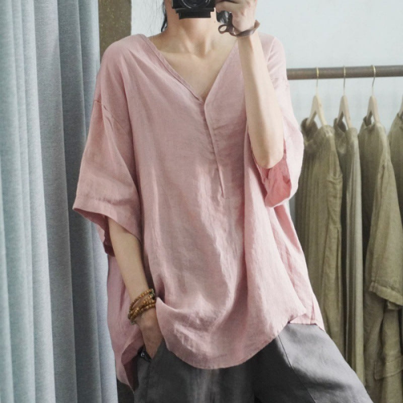 Damen Leinen T-Shirt Oversized V-Ausschnitt Beige