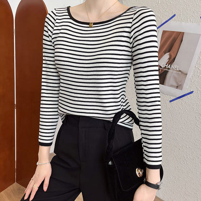 Damen Langarmshirt Maritimes Streifenmuster Weite Rundhalsausschnitt
