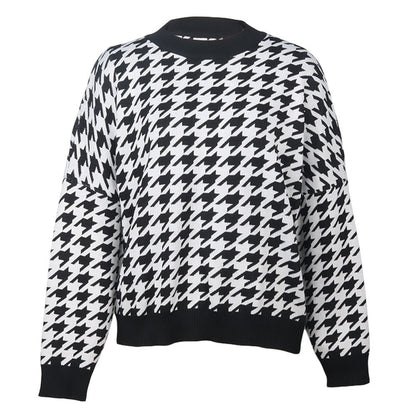 Damen Strickpullover Hahnentrittmuster Lässig Grün Eveloria