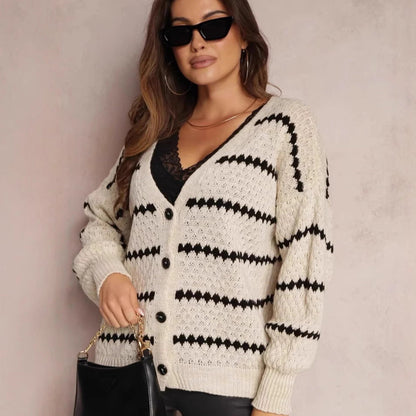 Damen Strickjacke Zickzackmuster Knöpfe Anthrazit