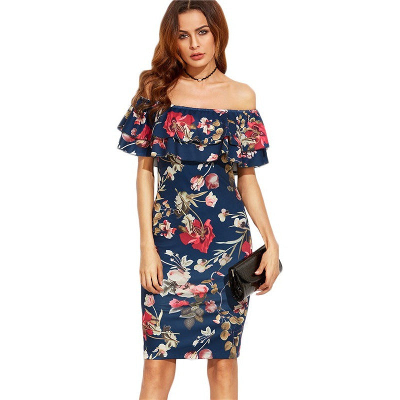 Damen Blumenkleid Off-Shoulder Voluminöse Rüschen
