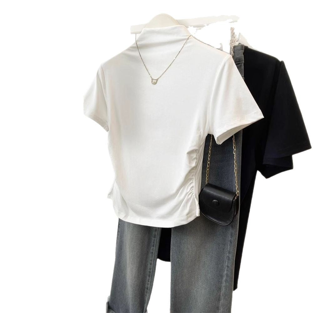 Damen T-Shirt Stehkragen Rüschendetail Figurbetont